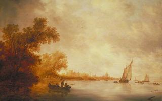 View of the River Lek with Boats and a Castle, Liesveld, The Netherlands
