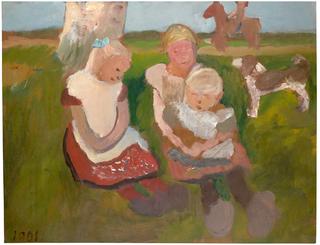 Three children sitting on a hillside with dog and horse  "