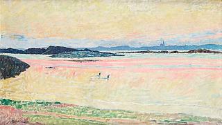 Beach scene from Fiskebäckskil with the church of Lysekil