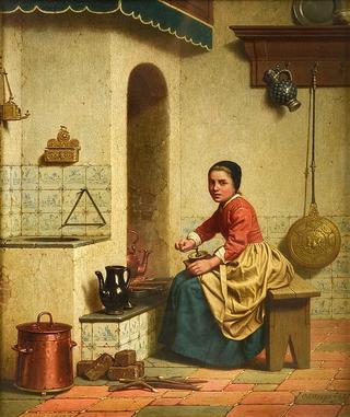 Belgian Maid Grinding Coffee in a Domestic Interior