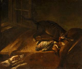 Cat and Dog by the Table with Dead Game