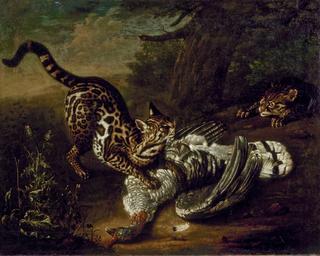 Two Wild Cats with a Rooster