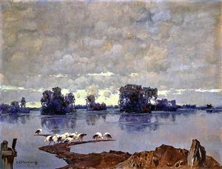 Winter landscape with storks