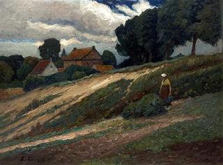 Farm woman in front of the village