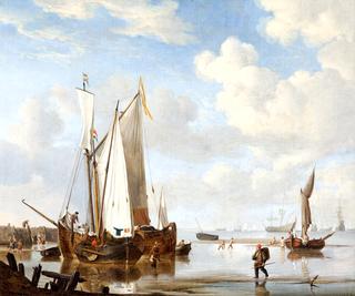 A wijdschip and a kaag in an inlet close to a sea-wall