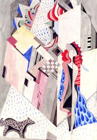 Cityscape with Woman and Dog