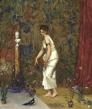 Girl in a white Roman dress feeding two birds