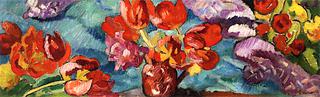Bouquet of Tulips and a Blue Curtain