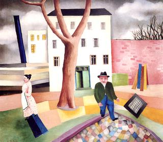 Man and Woman in Front of Houses
