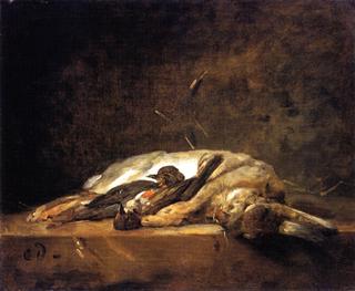 A Rabbit, Two Thrushes and Some Straw on a Stone Table