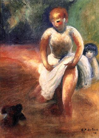 Two Girls Wading with Dog