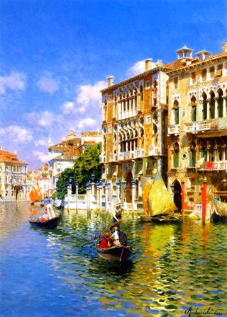 Gondoliers in front of the Palazzo Cavalli-Franchetti, Venice