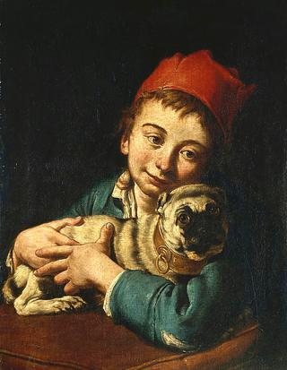 A Boy in a Blue Jacket and a Red Hat, Holding a Pug on a Cushion