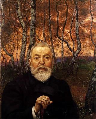 Self-portrait in front of a birch forest