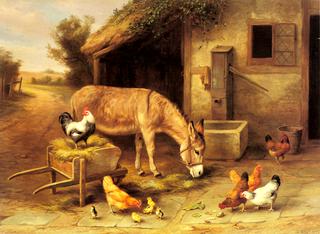 A Donkey and Chickens Outside a Stable