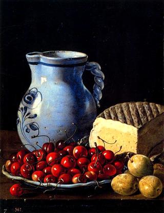 Still life with Cherries, Plums, Cheese and Jug