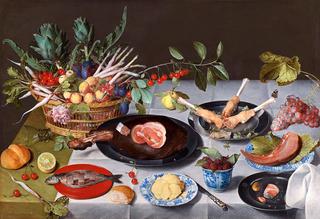 A Still Life with Artichokes, Radishes, Asparagus, Plums, Cherries and Peaches in a Basket