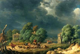 Shepherds with Flock Moving while a Storm Approaches