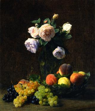 Still LIfe: Vase of Roses, Peaches and Grapes