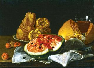 Still-life with Watermelon, Bread, Bagels and Glass