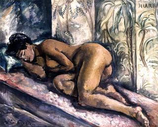 Miarka, Nude Lying on a Bed in Front of a Screen