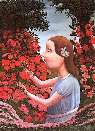 Young Girl amid Red Flowers