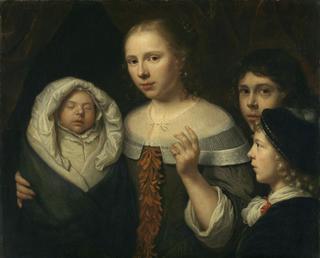 Portrait of a young woman with three children
