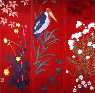 Marabout (Stork) and Four Frogs