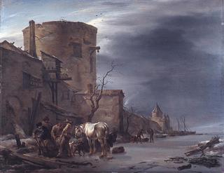 A Frozen Canal outside a City Wall of Haarlem in Winter