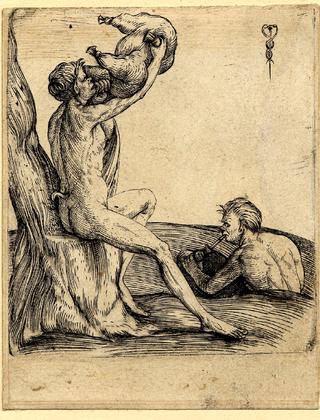 Two fauns, one drinking from a wine-skin, the other playing the bagpipes