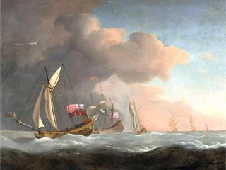 English Royal Yachts at Sea in a Strong Breeze, in Company with a Ship Flying the Royal Standard