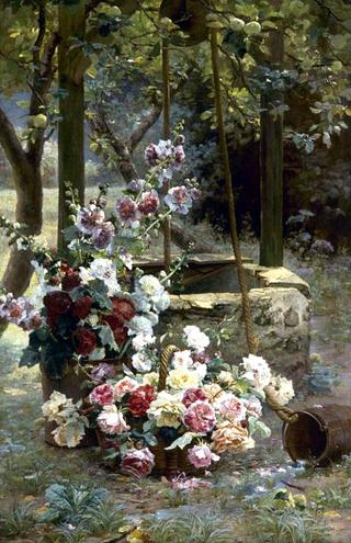 Fleurs près d'un puits