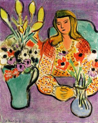 Young Girl with Anemones on a Purple Background