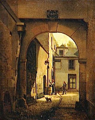 A Courtyard of a House in Paris with a Well, Townsfolk and a Dog