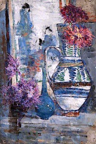 静物画，一个花瓶，一个瓶子和一个盛放鲜花的罐子