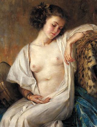 Sitting nude with tambourine and leopard fur