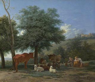 树荫下的农场动物和一个男孩和熟睡的牧民
