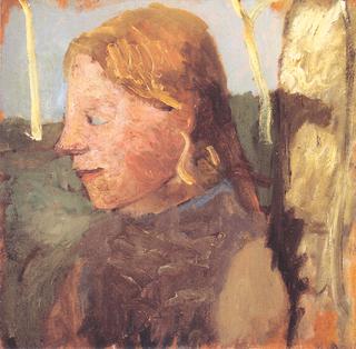Portrait of a girl in profile next to a birch trunk