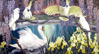 Cockatoos and a Swan Surrounded by Irises and Wisteria