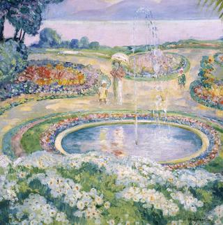 Mother and child by a fountain