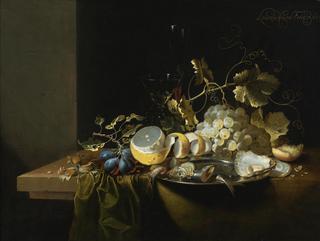 Still Life of Hazelnuts, Grapes, Oysters and other Foods on a Drapped Table