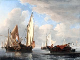 A yacht and other vessels in a calm