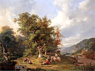 A Wooded Landscape with Figures Resting near a Stream