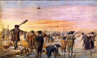 Ice Scene with a Hunter Showing an Otter