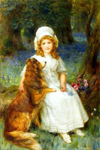 Young girl with pet collie seated on a log with flowers in a woodland scene