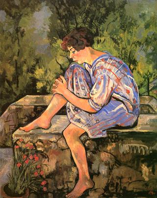 Young Woman Seated on a Low Wall