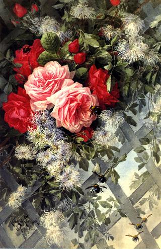 Roses La France and Jack Noses with Clematis on a Latice Work, No. 36