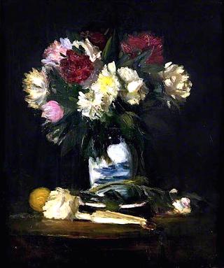 Roses in a White and Blue Vase