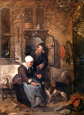 An Old Woman Feeding a Dog