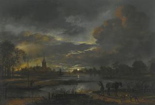 A Wide Moonlit River Landscape With Figures Fishing, A Village Beyond